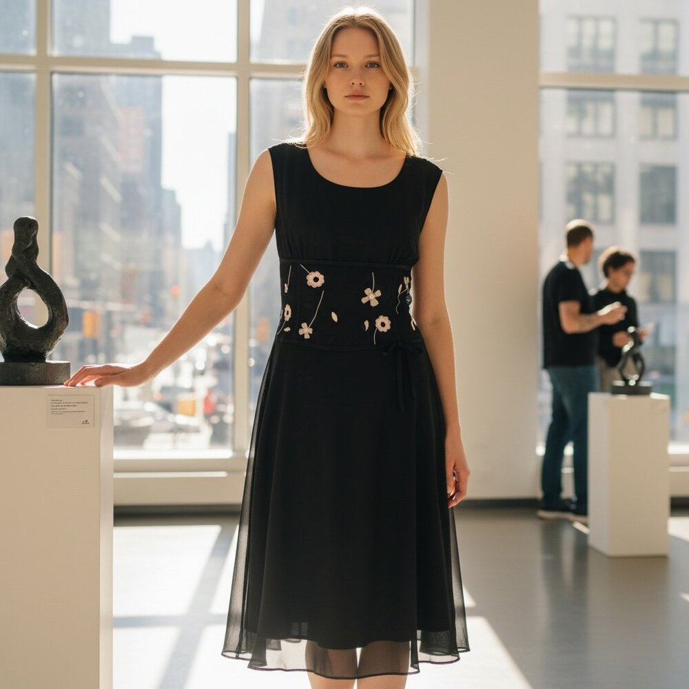 London Times Sheer Black Lined Chiffon Dress Flower Applique Waist Sz 14‎ #224C